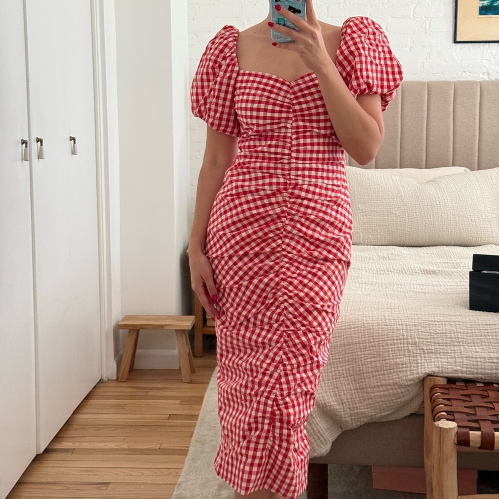 Rhode Tessa Gingham Print Puff Sleeve Dress, Scarlet Toulouse